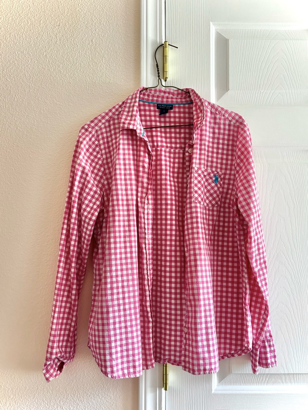 U.S. POLO ASSN Preppy Pink Gingham Button Up Long Sleeve Shirt L